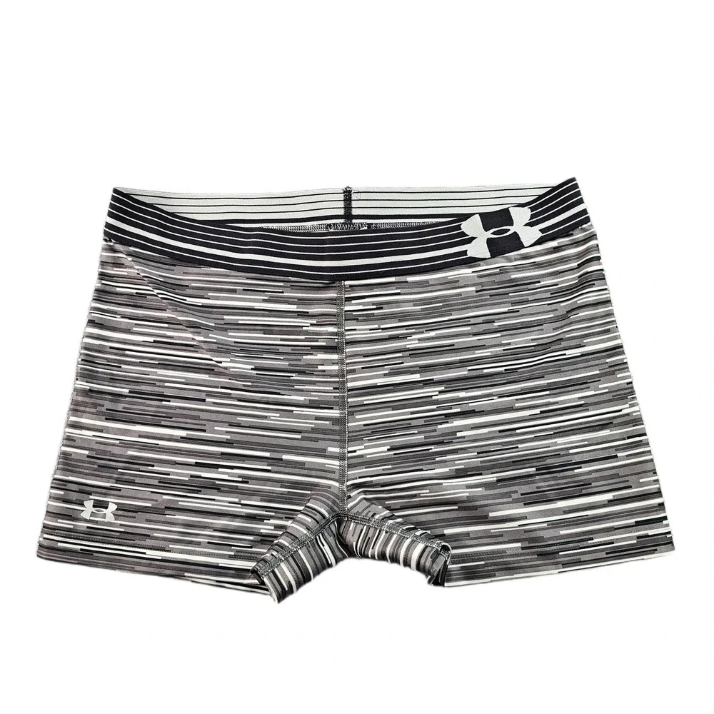 Under Armour HeatGear Compression Shorts Women's L Gray White Striped Athletic‎